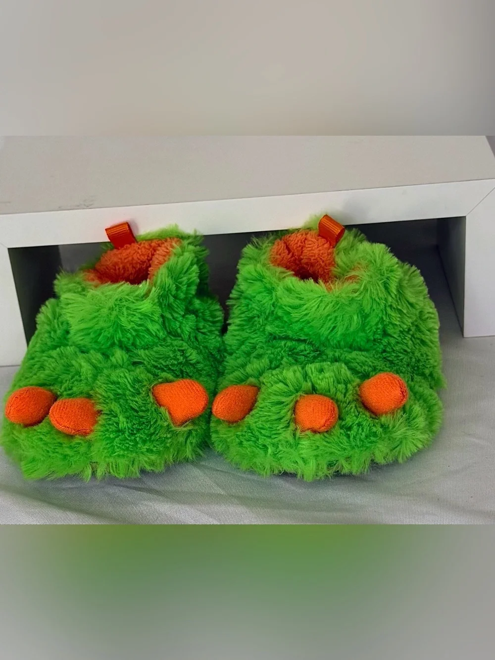 wonder nation Green Plush Monster Paw Slippers with Orange Toes